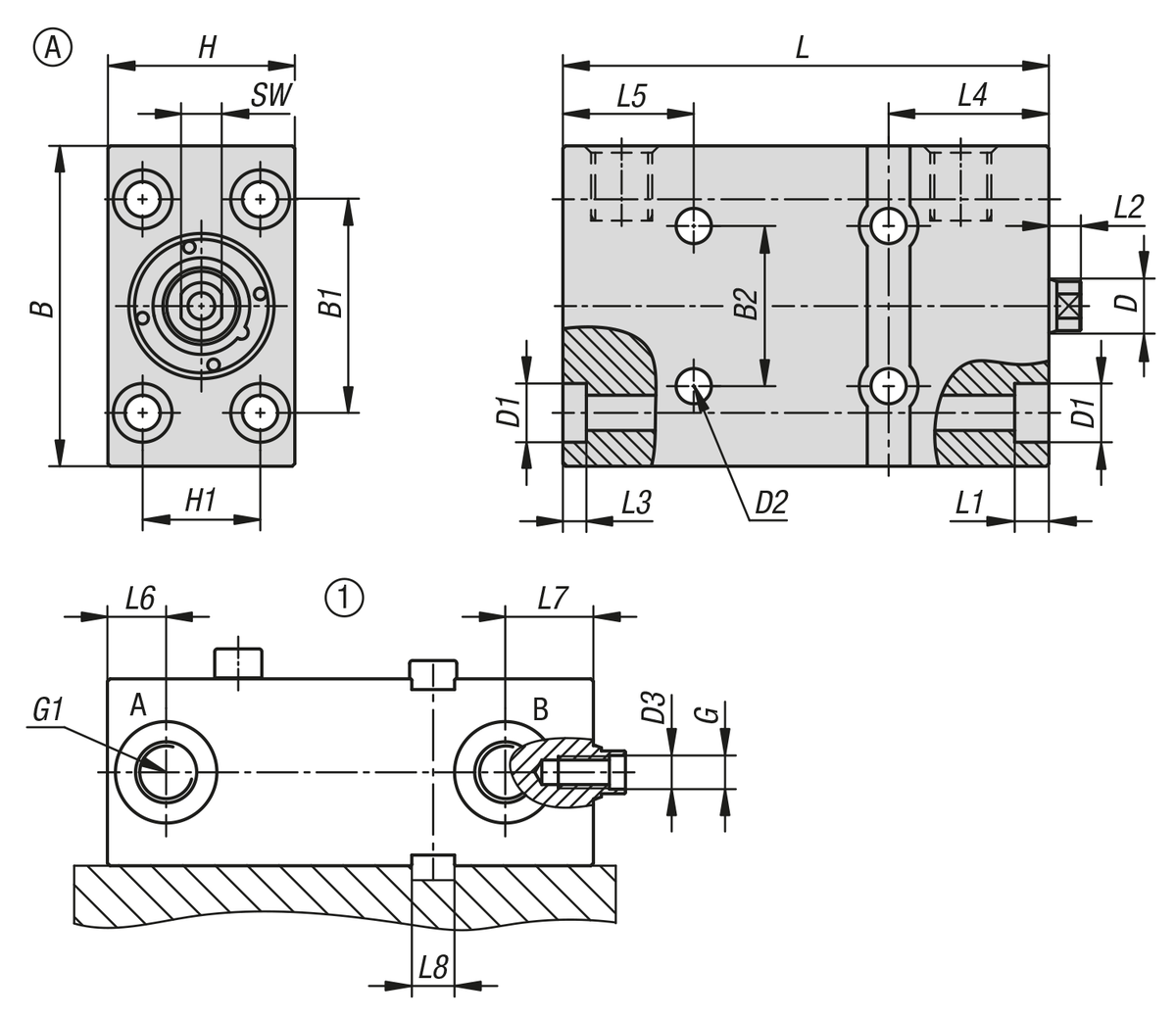 Block cylinder, hydraulic with metal wiper, double / single acting with spring return, style A