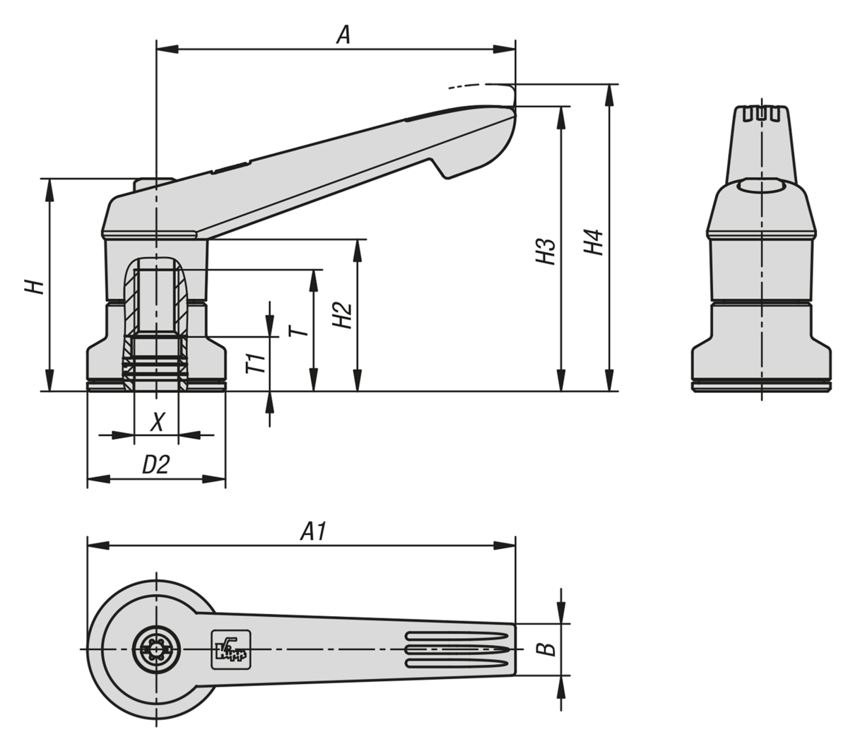 Clamping levers, plastic with internal thread and clamping force intensifier, threaded insert black oxidised steel