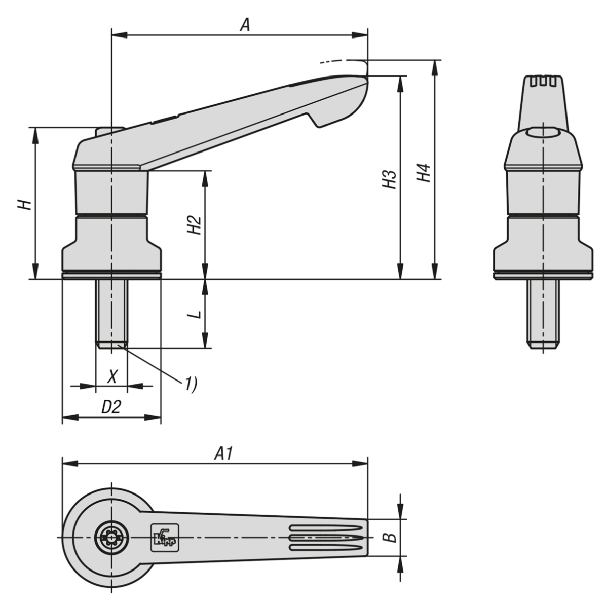 Clamping levers, plastic with external thread and clamping force intensifier, threaded insert black oxidised steel