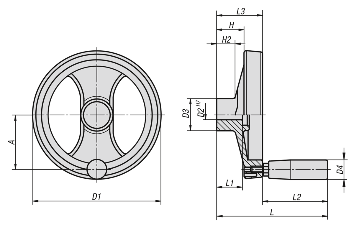 Handwheels 2-spoke plastic, with revolving grip - inch