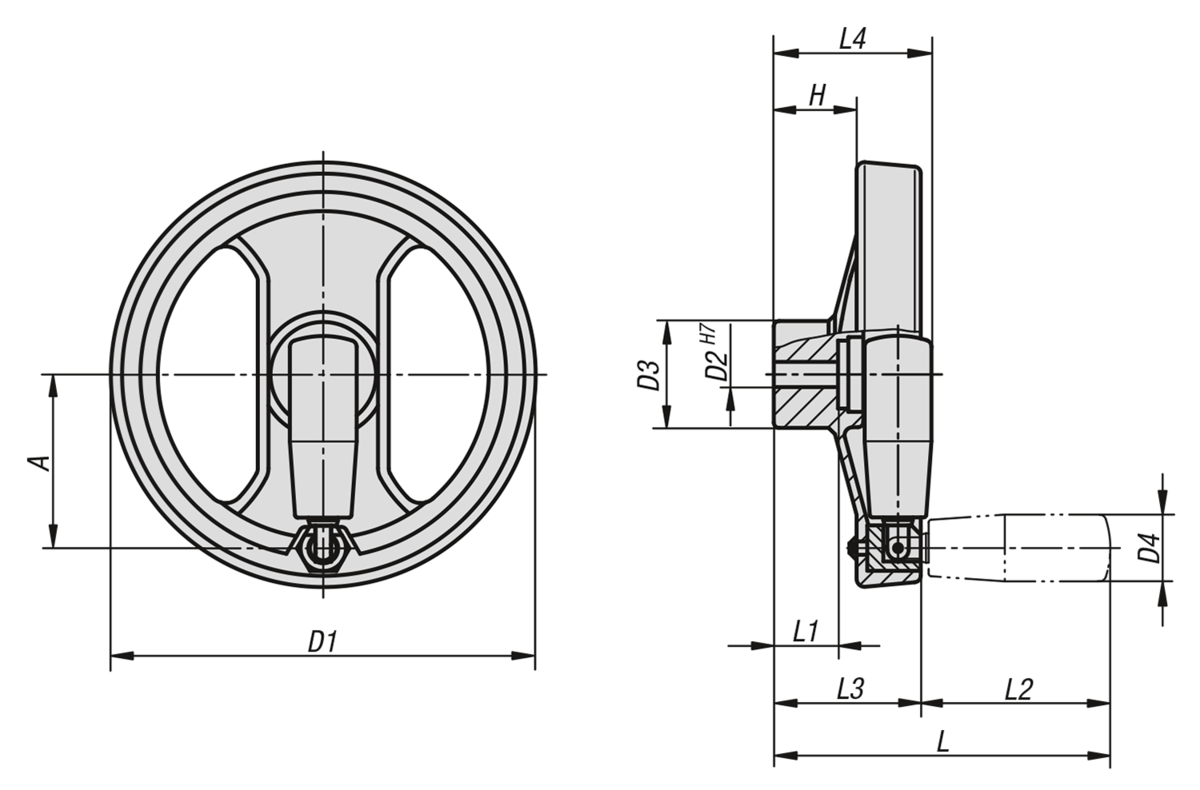 Handwheels 2-spokeplastic, with folding grip - inch