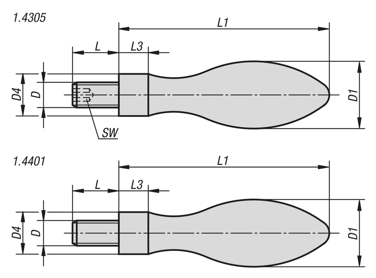 Machine handles, fixed, DIN 39 Form E, stainless steel