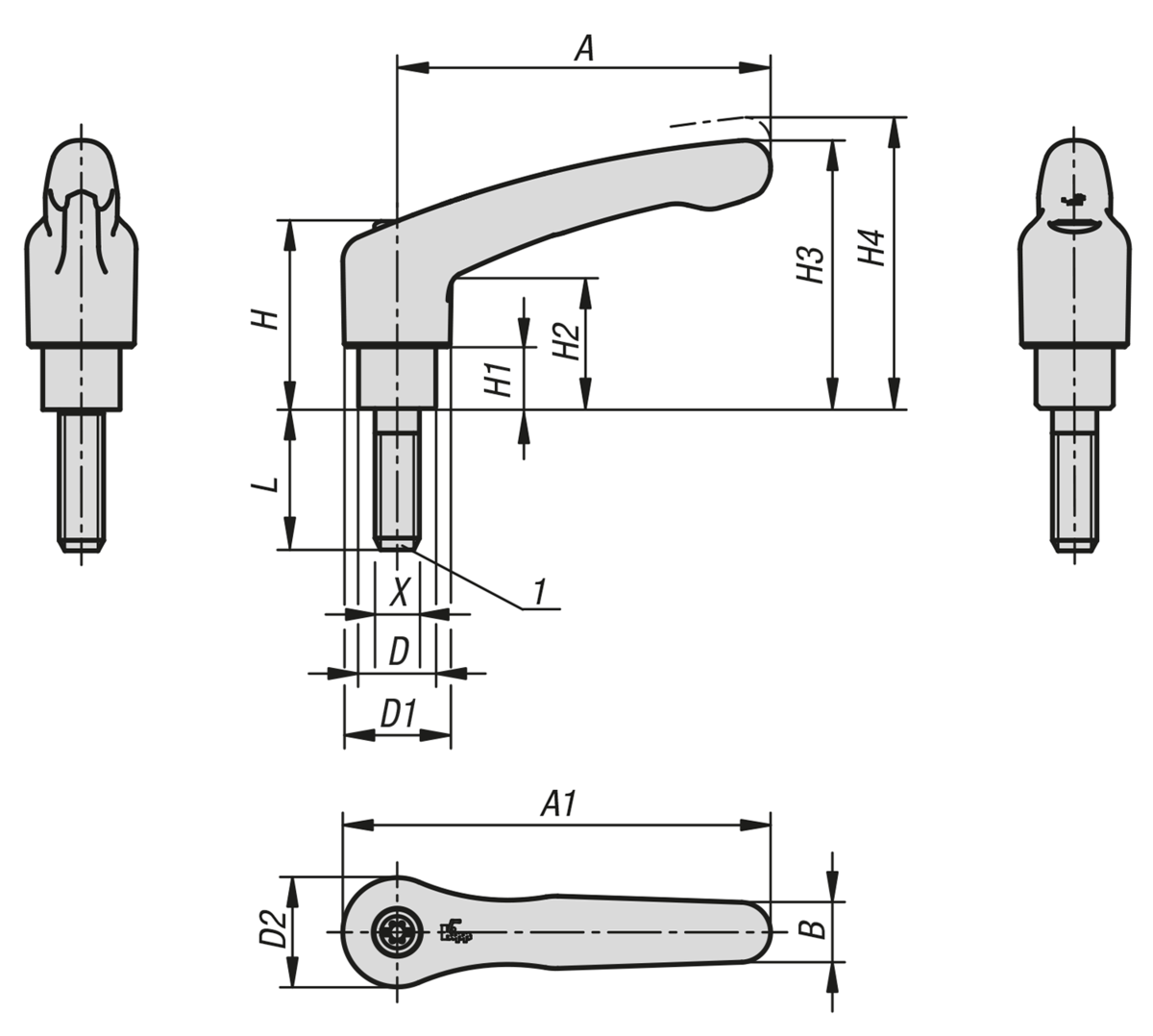 Manette indexable en zinc injecté haute pression à collerette allongée avec filetage, pièces en inox