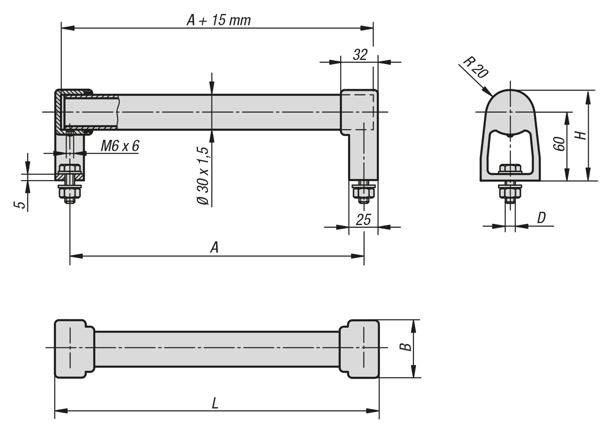 Pull Handles stainless steel, three-piece tube design, metric