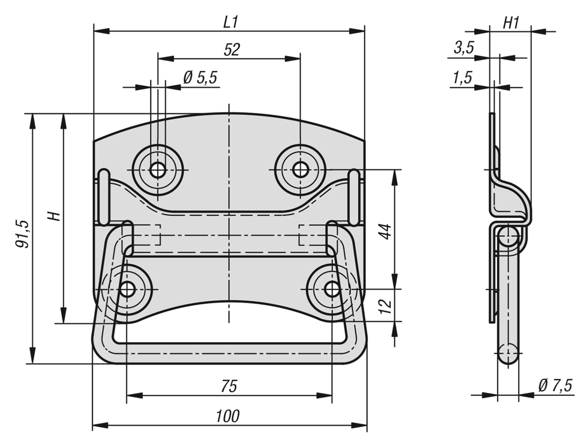 Recessed handles, fold down, stainless steel, DIN 3136