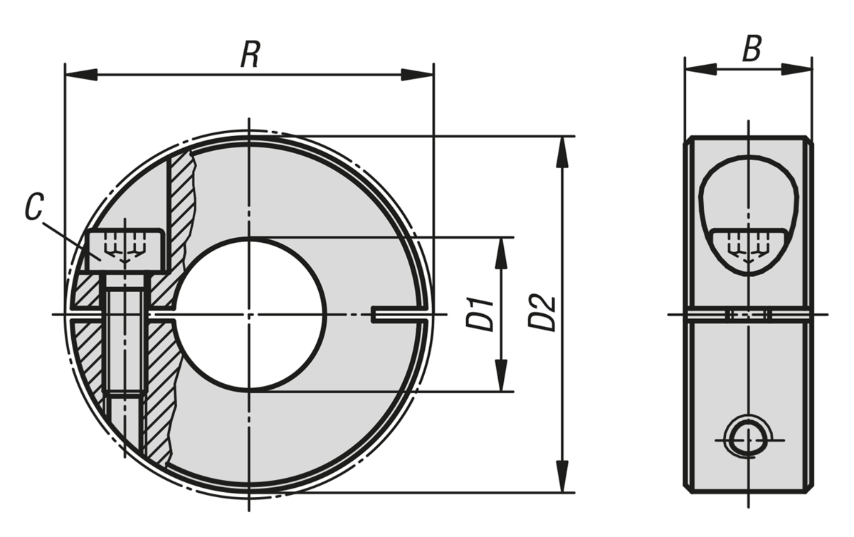 One-piece shaft collar, slitted outside