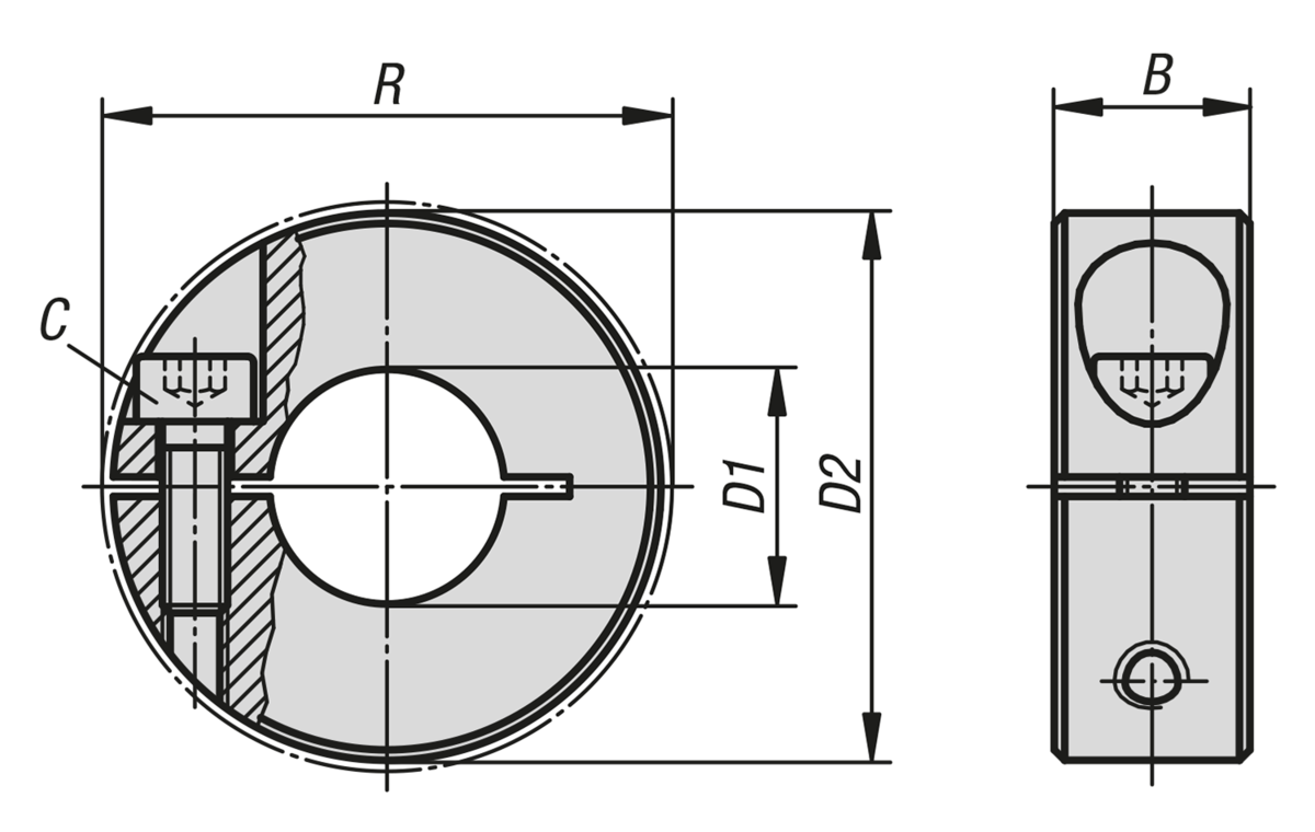 One-piece shaft collar, slitted inside