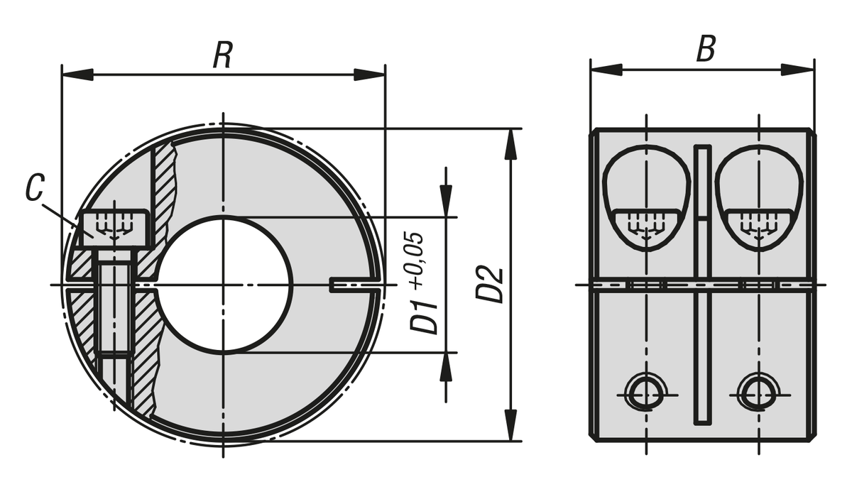 Shaft collars one-piece, wide, slitted outside