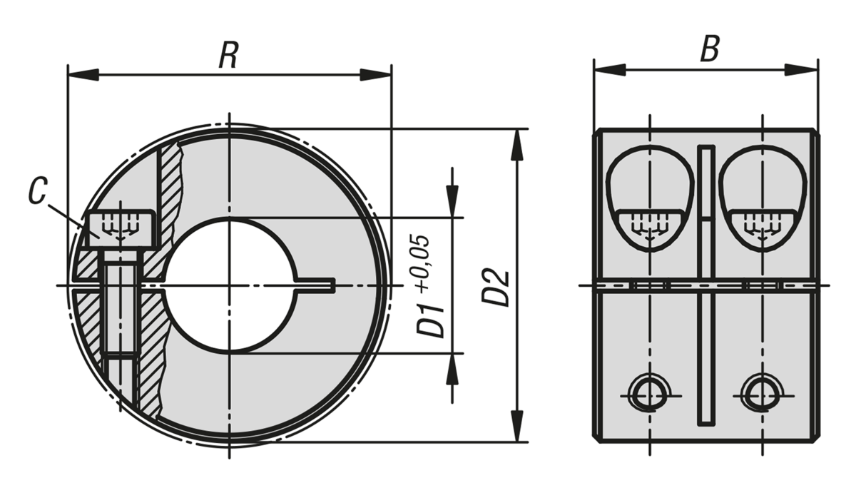 Shaft collars one-piece, wide, slitted inside