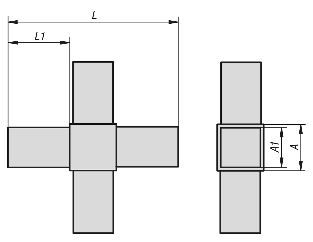 Square tube connectors four-way, flat