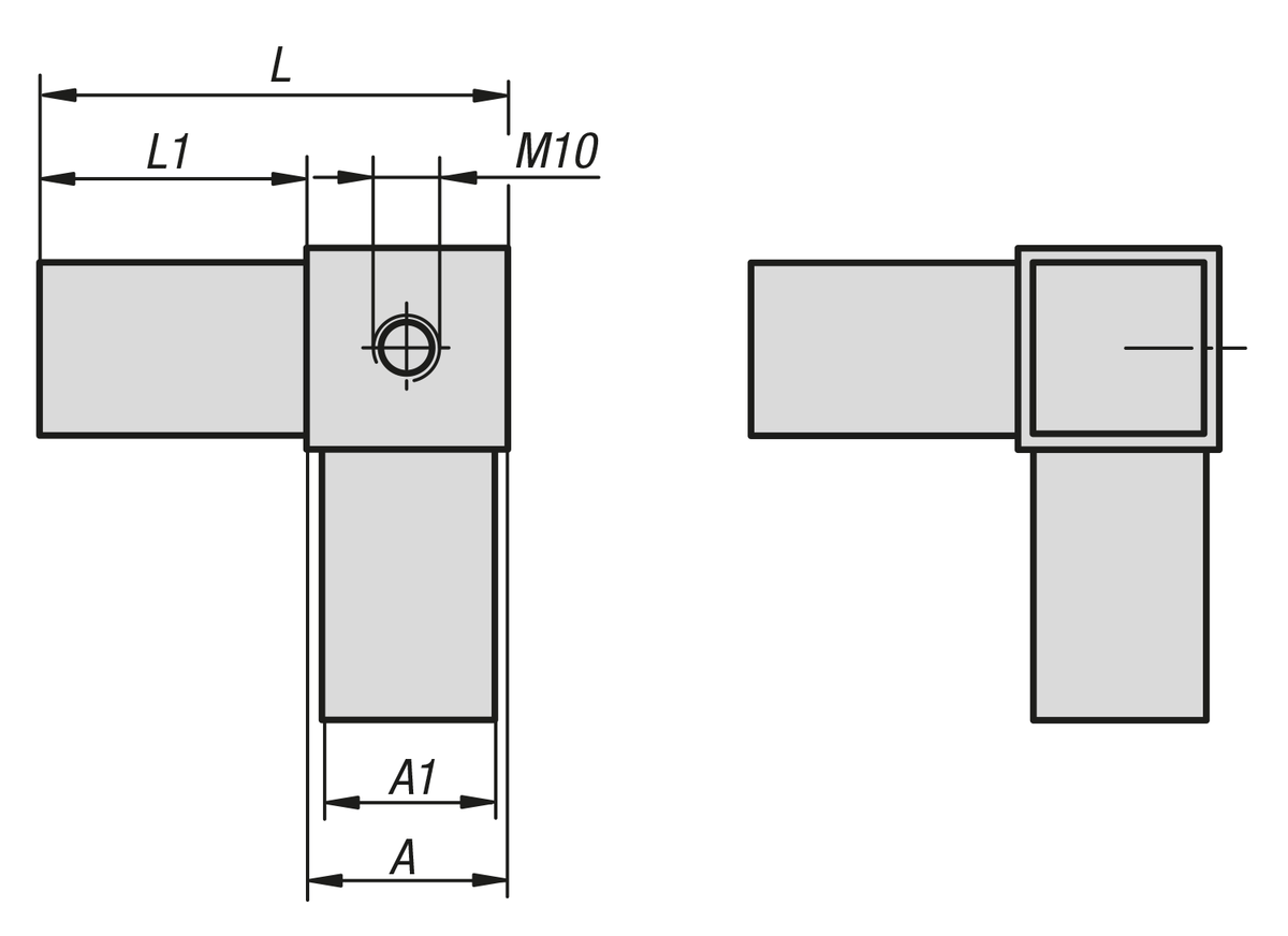 Square tube connectors three-way with tapped hole
