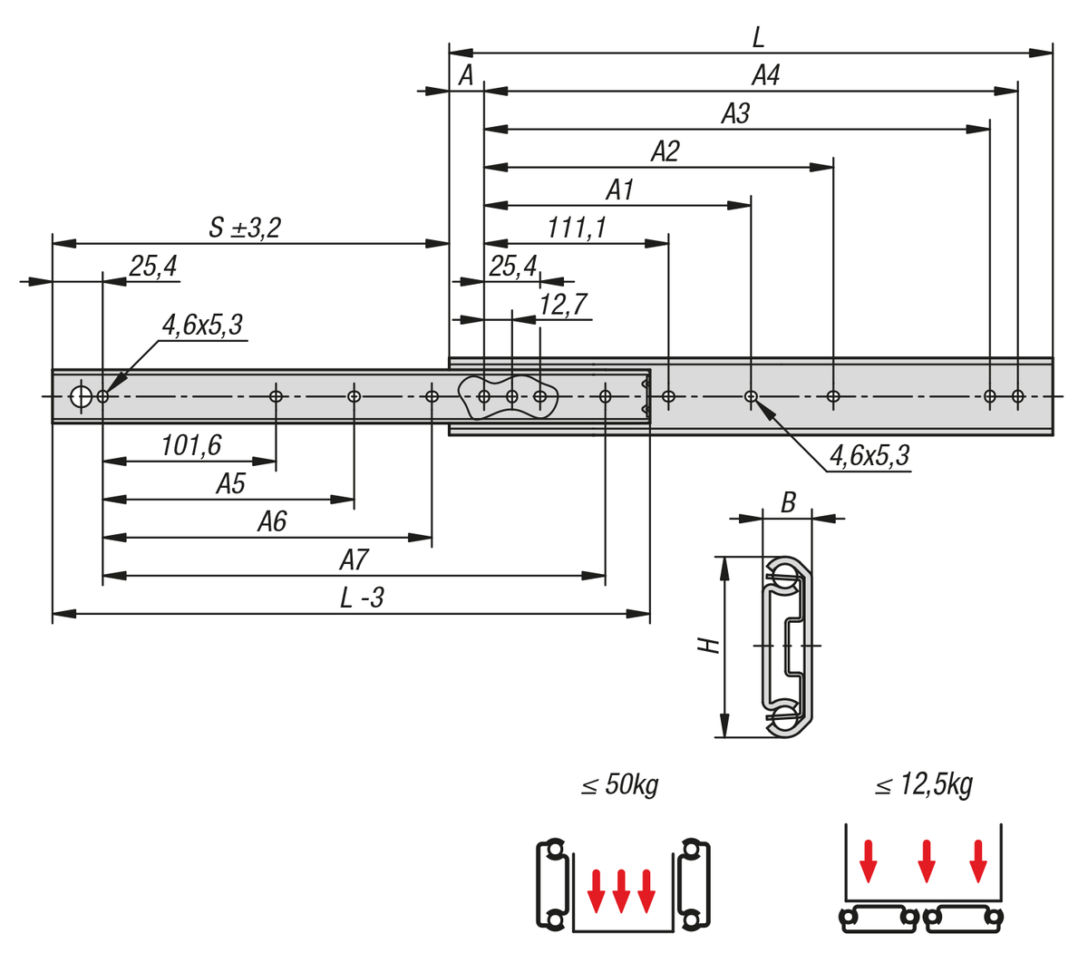 Glissières télescopiques en acier pour montage latéral, extension partielle, portance jusqu'à 50 kg