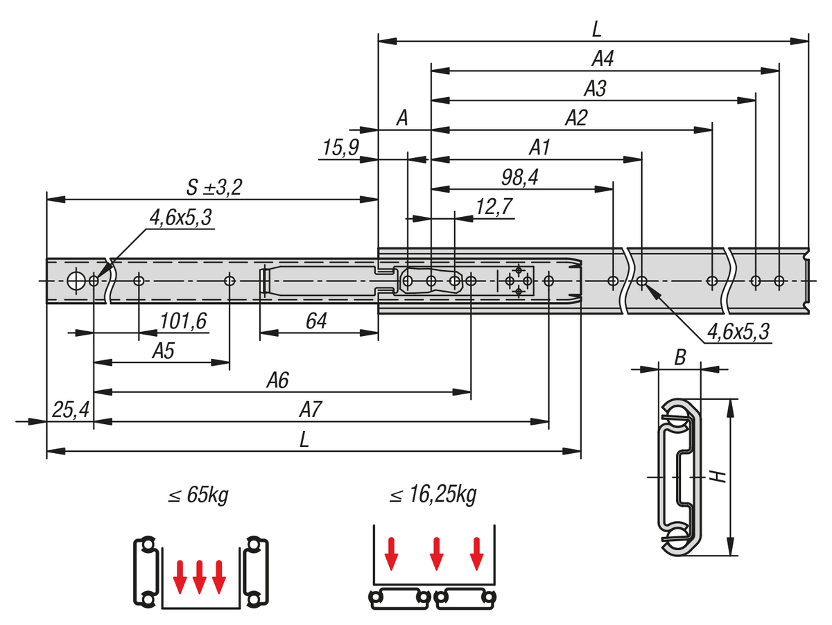 Glissières télescopiques en acier pour montage latéral, extension partielle, portance jusqu'à 65 kg