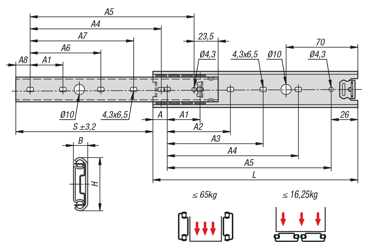 Glissières télescopiques en inox pour montage latéral, extension partielle, portance jusqu'à 65 kg