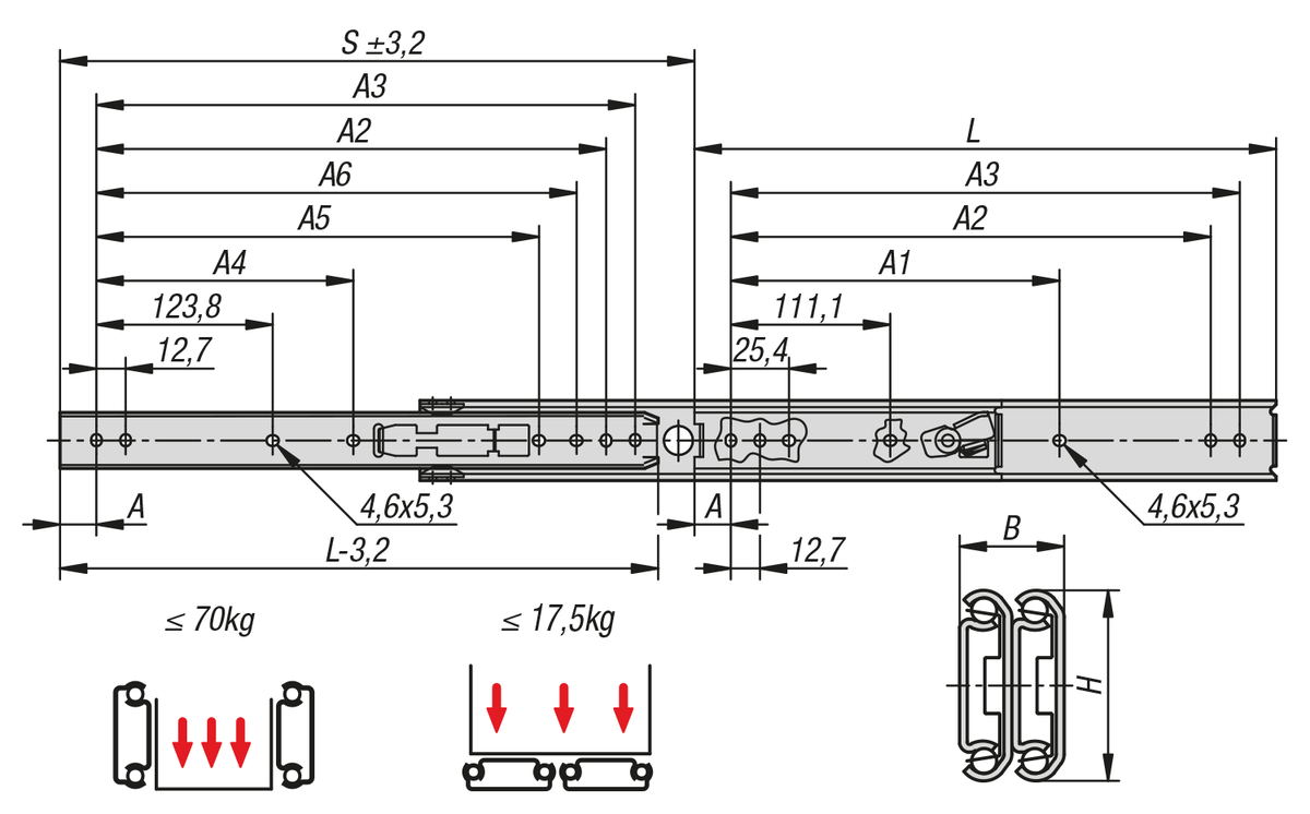 Steel telescopic slides for side mounting, over-extension, load capacity up to 70 kg