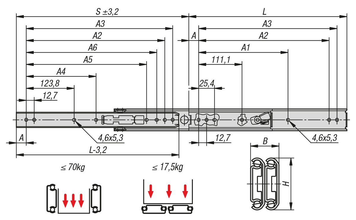 Stainless steel telescopic slides for side mounting, over-extension, load capacity up to 70 kg