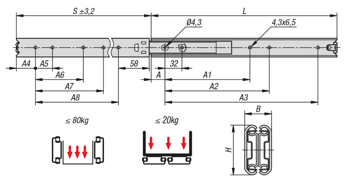 Stainless steel telescopic slides for side mounting, full extension, load capacity up to 80 kg