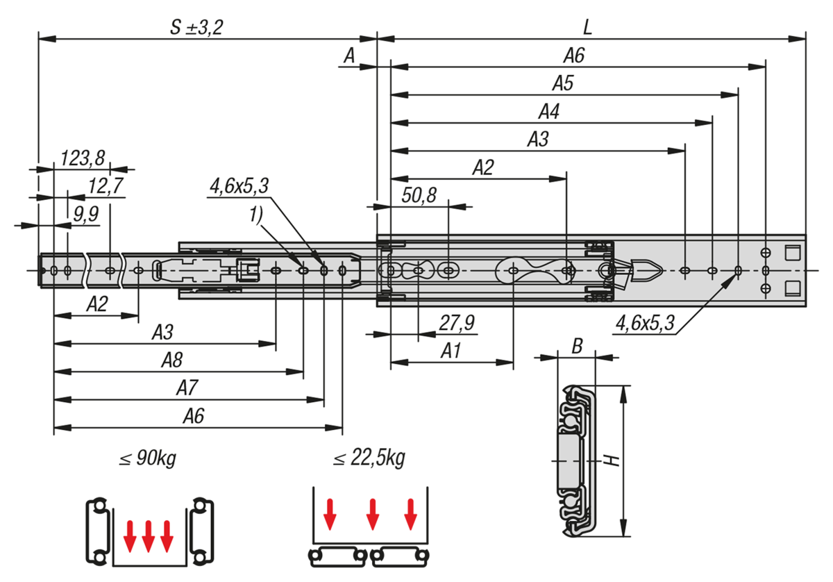 Stainless steel telescopic slides for side mounting, over-extension, load capacity up to 90 kg