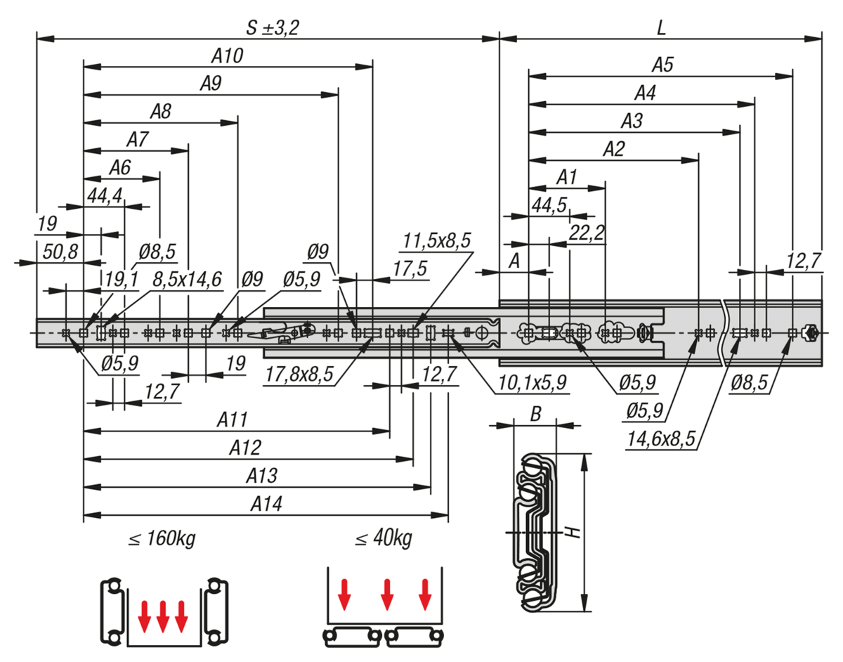 Steel telescopic slides for side mounting, full extension, load capacity up to 160 kg