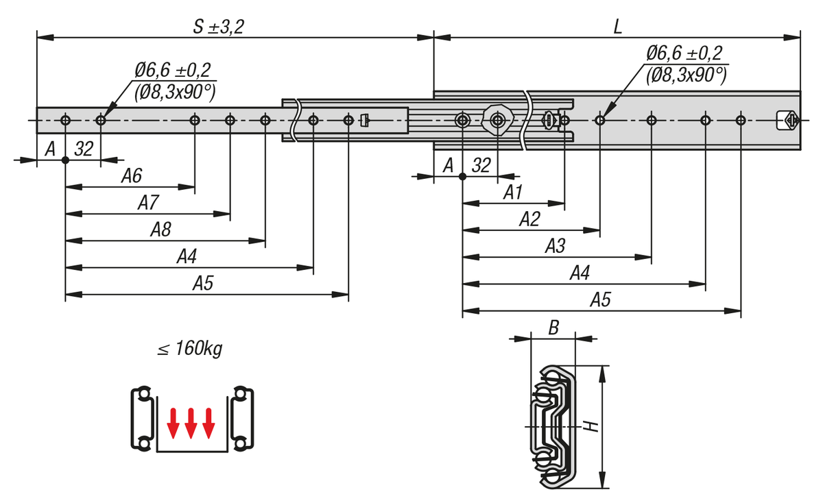 Steel telescopic slides for side mounting, over-extension, load capacity up to 160 kg