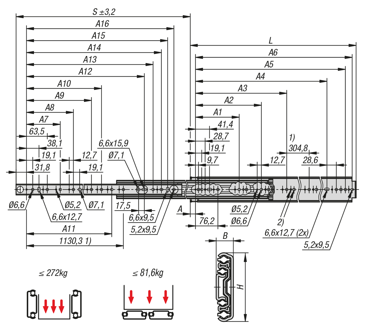 Steel telescopic slides for side mounting, full extension, load capacity up to 272 kg