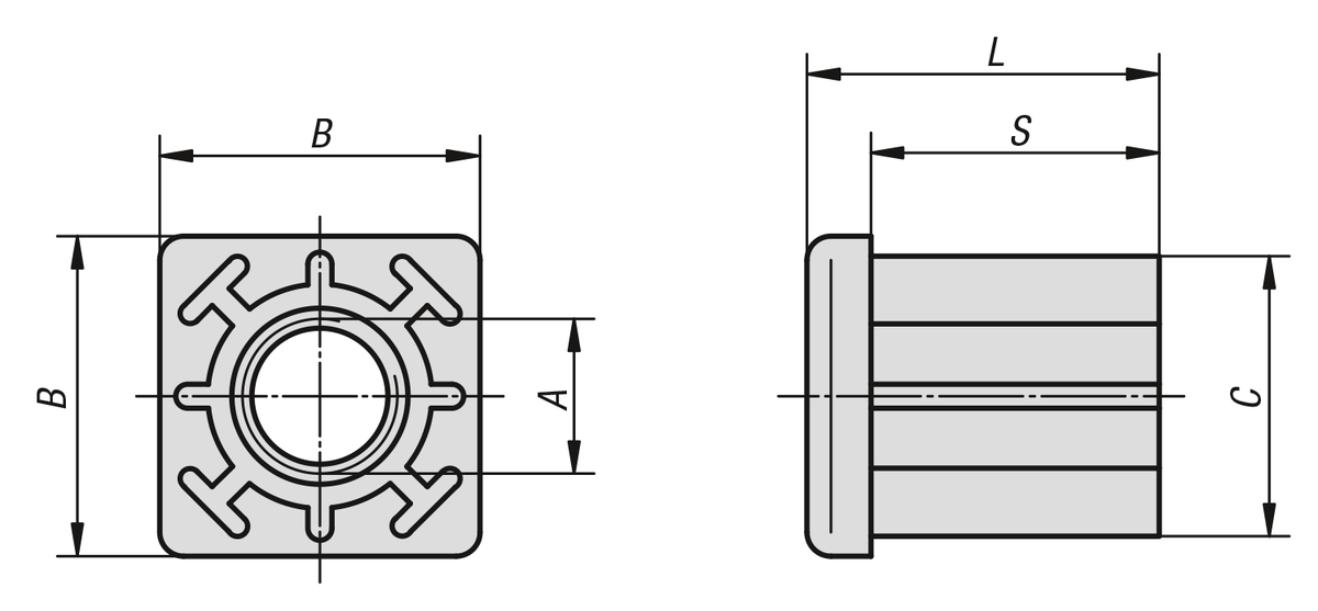 Tube inserts square with tapped bushing 