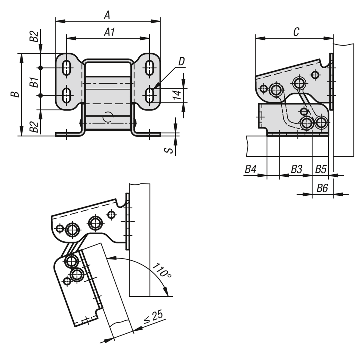 Hinges steel in-frame, opening angle 110°