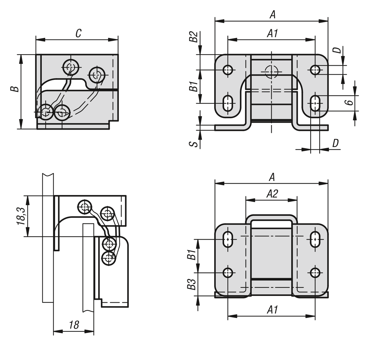 Charnières en acier ou Inox internes, angle d'ouverture 90°