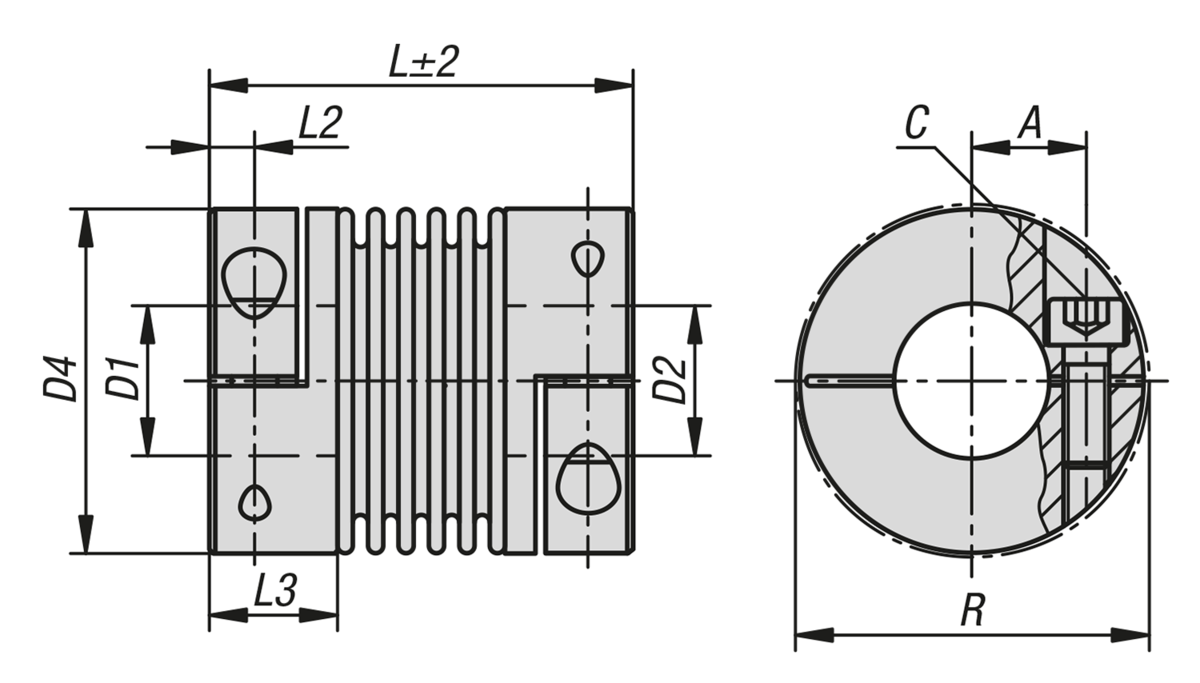 Metal bellows couplings 
with clamp hubs, stainless steel