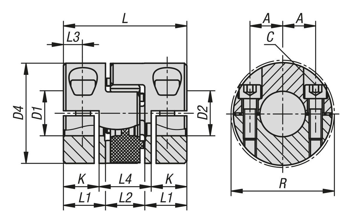 Elastomer dog couplings, short type 
with removeable clamp hubs