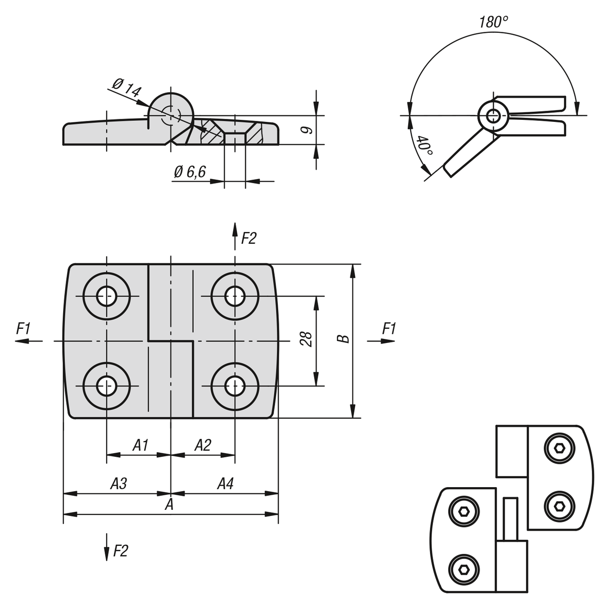 Charnière dégondable en aluminium, à gauche