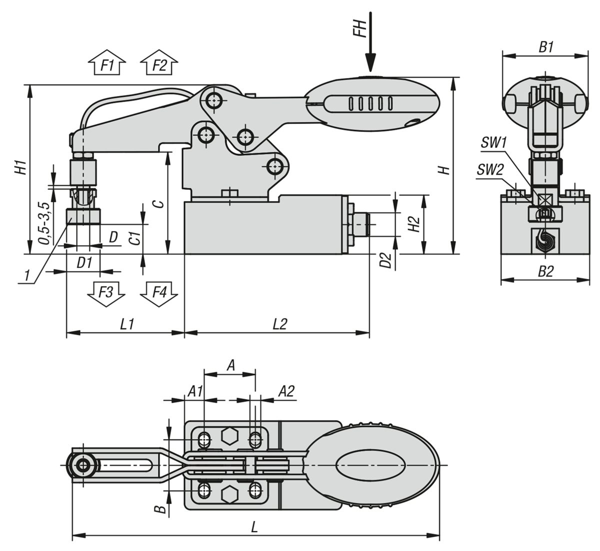 Stainless steel toggle clamp, horizontal with force sensor