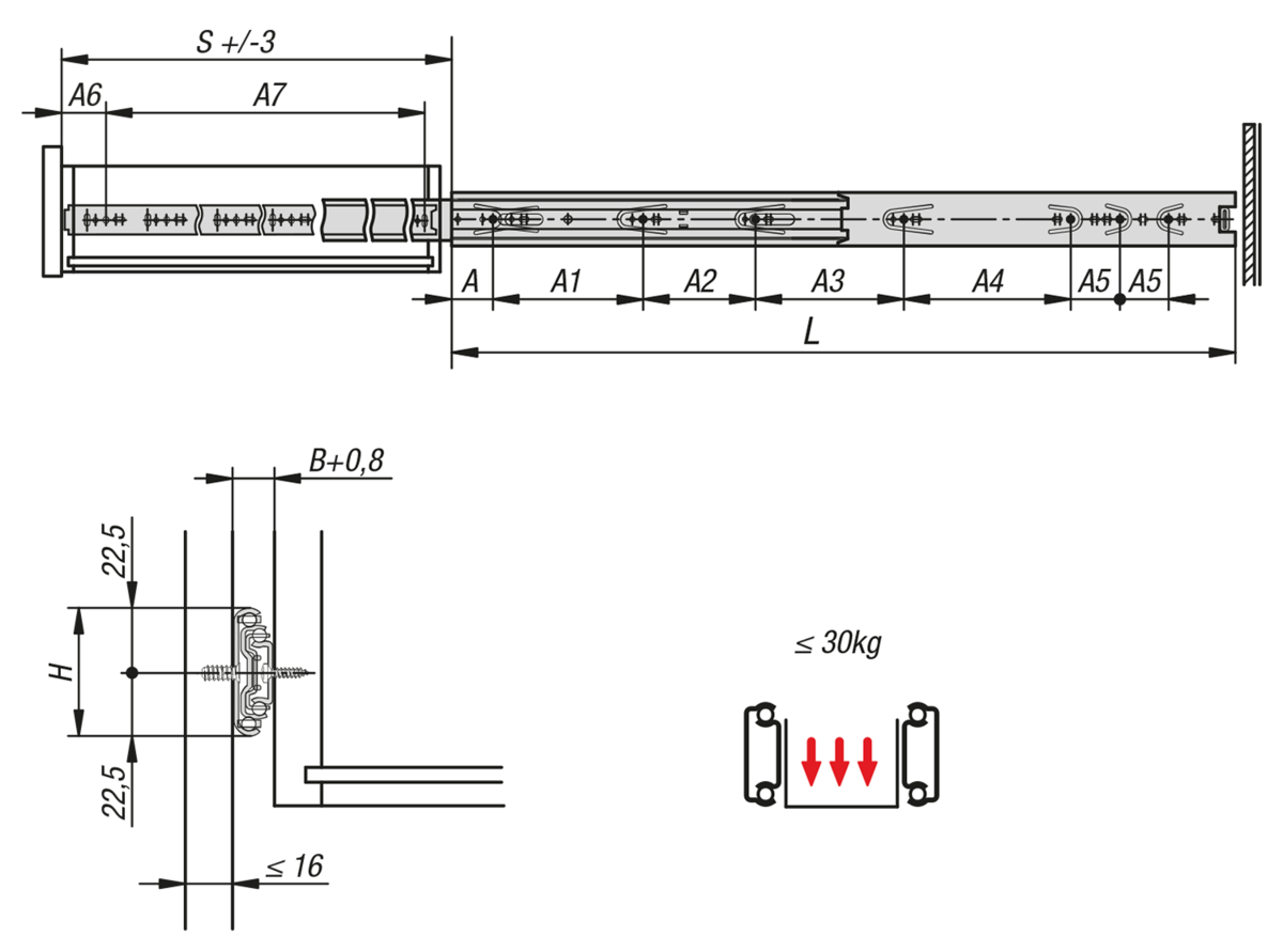 Telescopic slides, steel
for side mounting, full extension, load capacity up to 30 kg