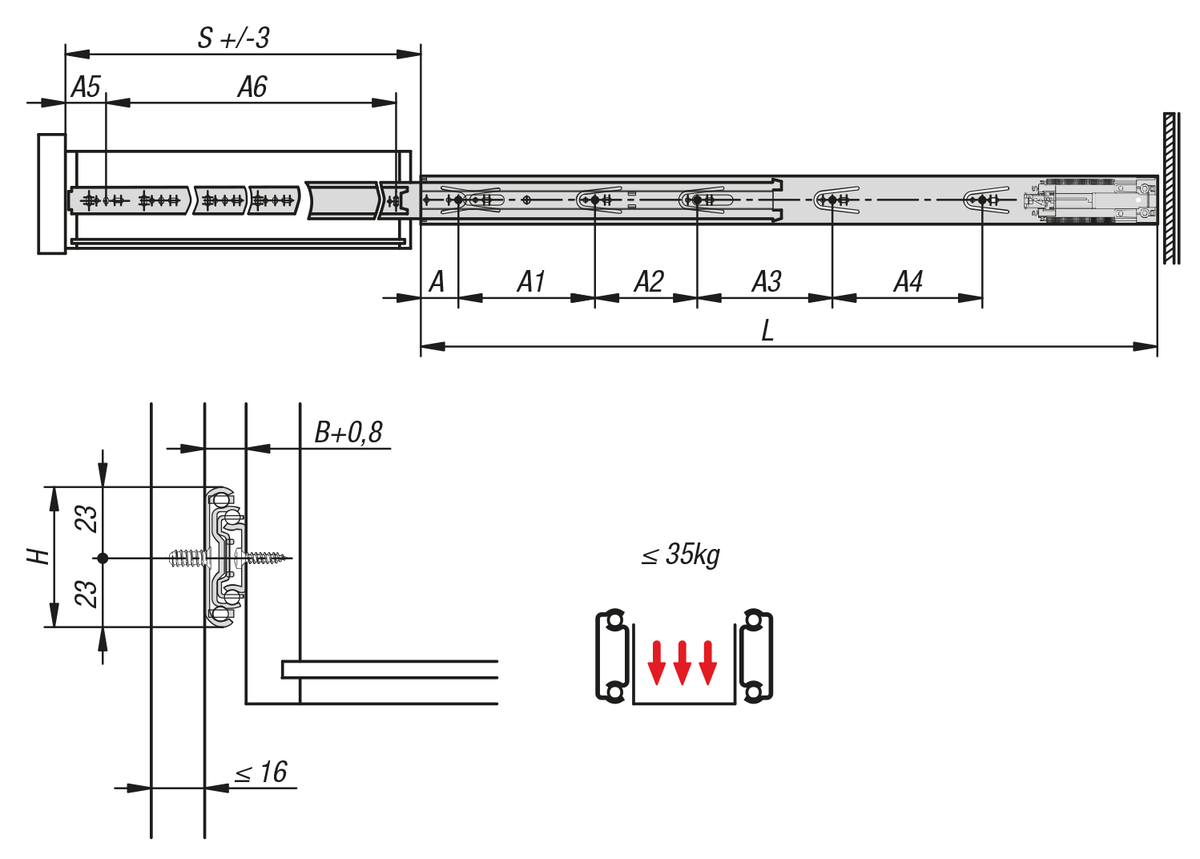 Telescopic slides, steel
for side mounting, full extension, load capacity up to 35 kg