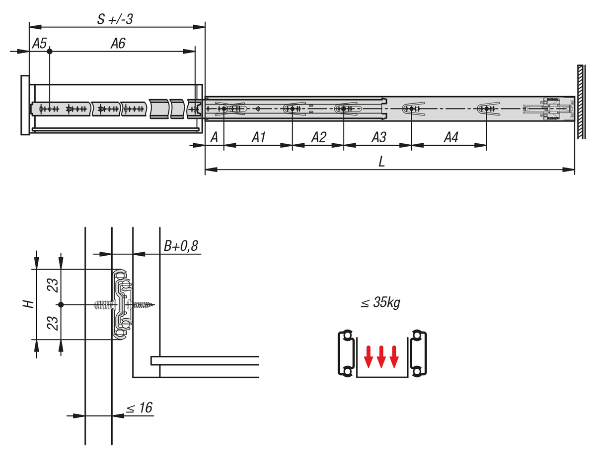 Telescopic slides, steel
for side mounting, full extension, load capacity up to 35 kg