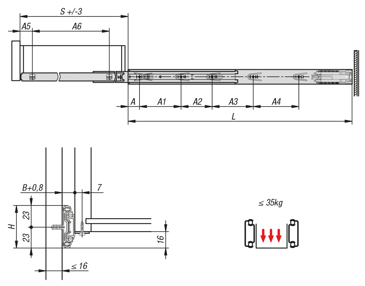 Telescopic slides, steel
for surface mounting, full extension, load capacity up to 35 kg