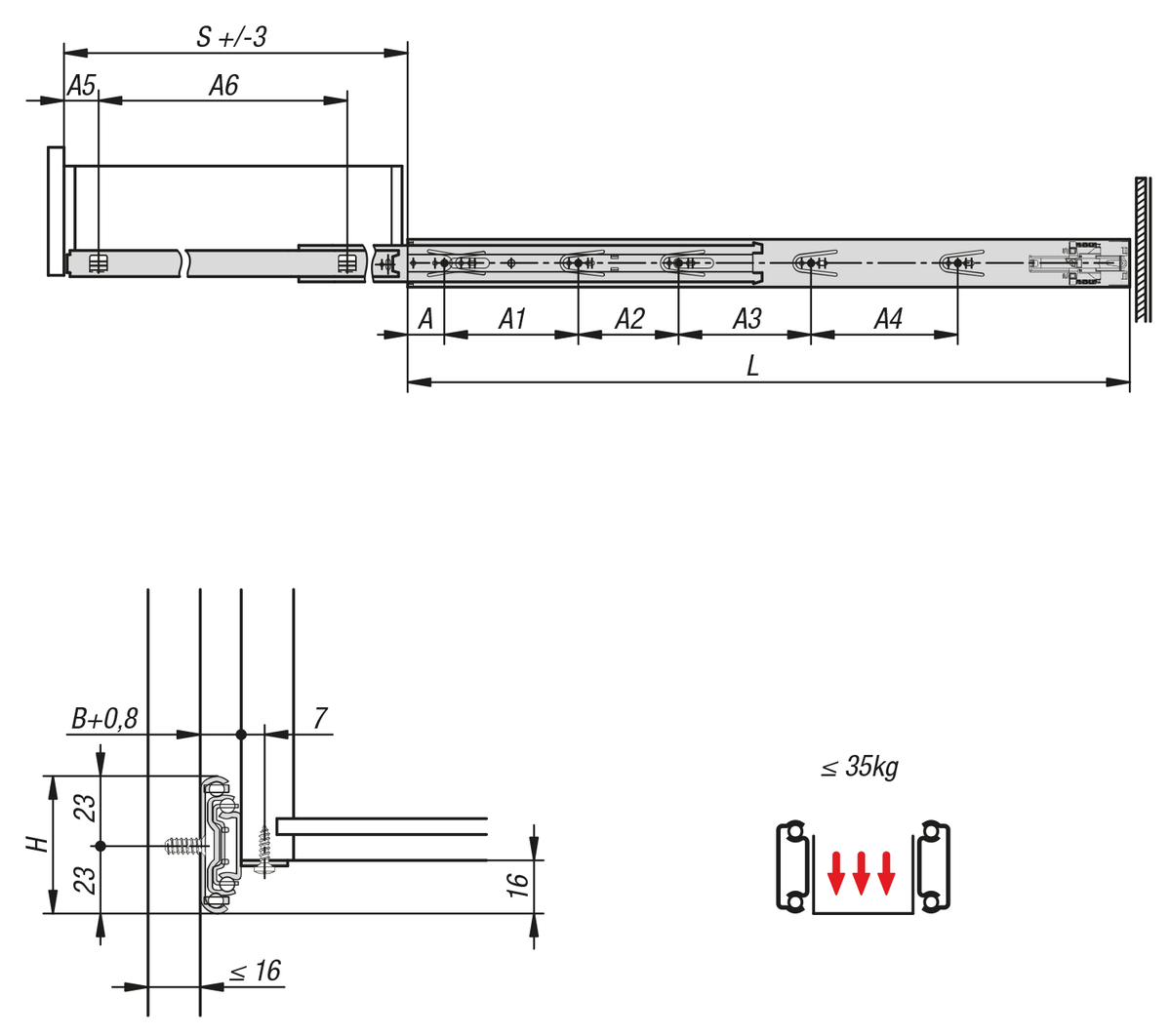 Telescopic slides, steel
for surface mounting, full extension, load capacity up to 35 kg