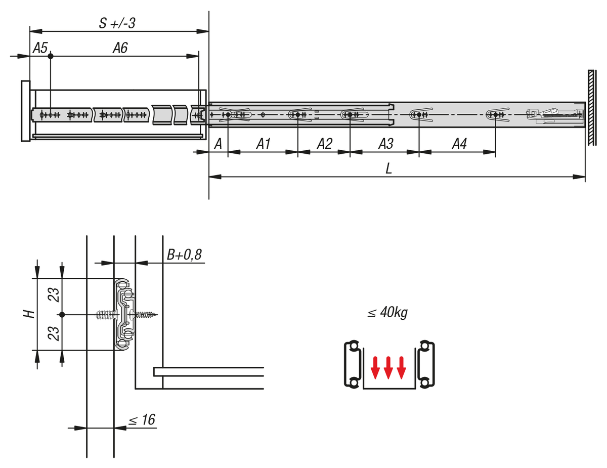 Telescopic slides, steel
for side mounting, full extension, load capacity up to 40 kg