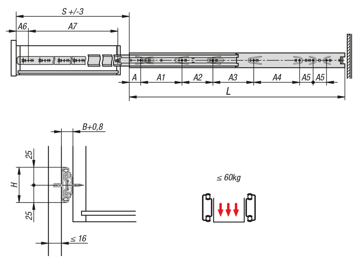 Telescopic slides, steel
for side mounting, over-extension, load capacity up to 60 kg