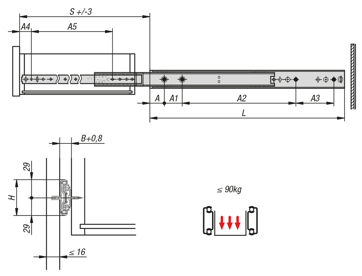 Telescopic slides, steel
for side mounting, over-extension, load capacity up to 90 kg