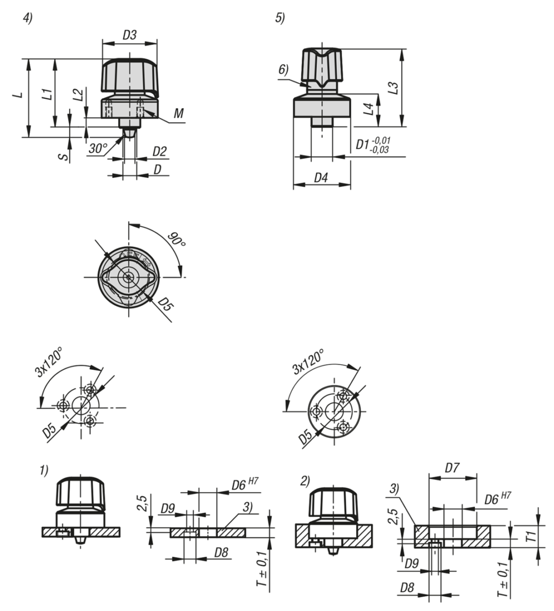 Doigt d'indexage en acier avec tête rotative et doigt, Forme B 
d'arrêt conique